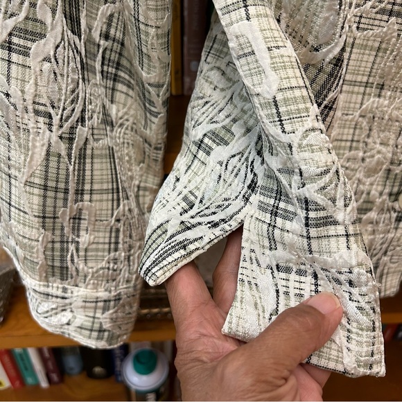 Women’s Jacket Blazer Cropped Textured Plaid Button Front Green White Black PL - Picture 6 of 10